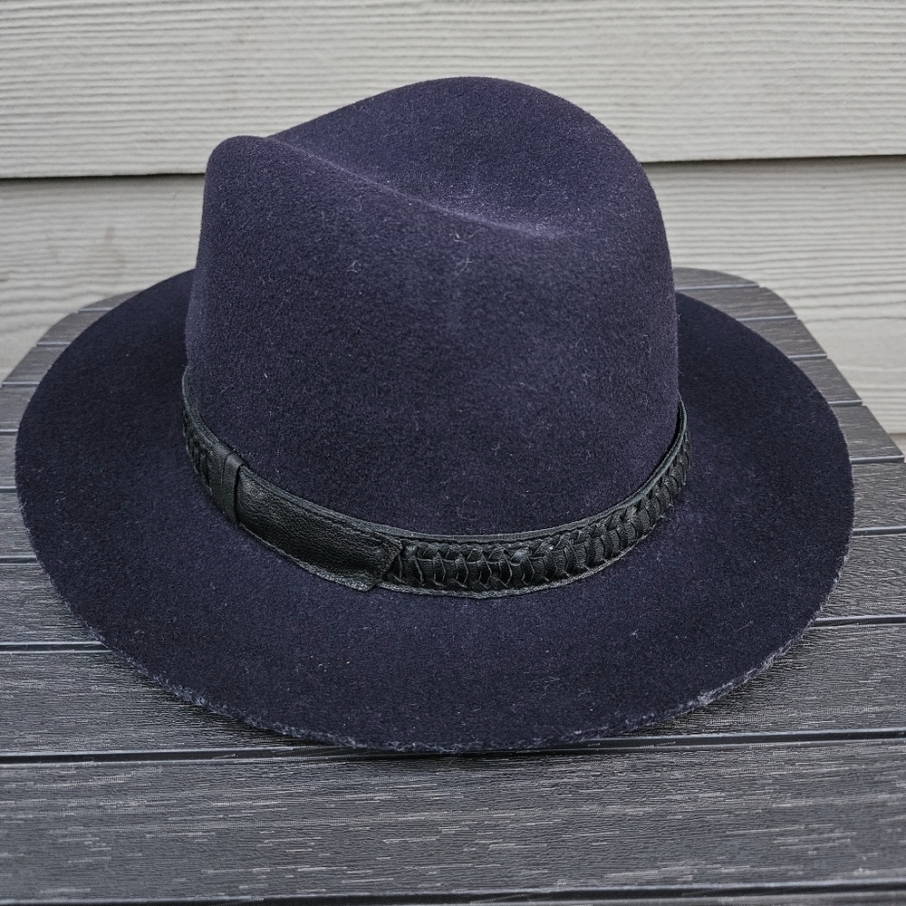 Rag & Bone Navy Blue Range Fedora 100% Wool Hat Black Leather Trim Size Medium